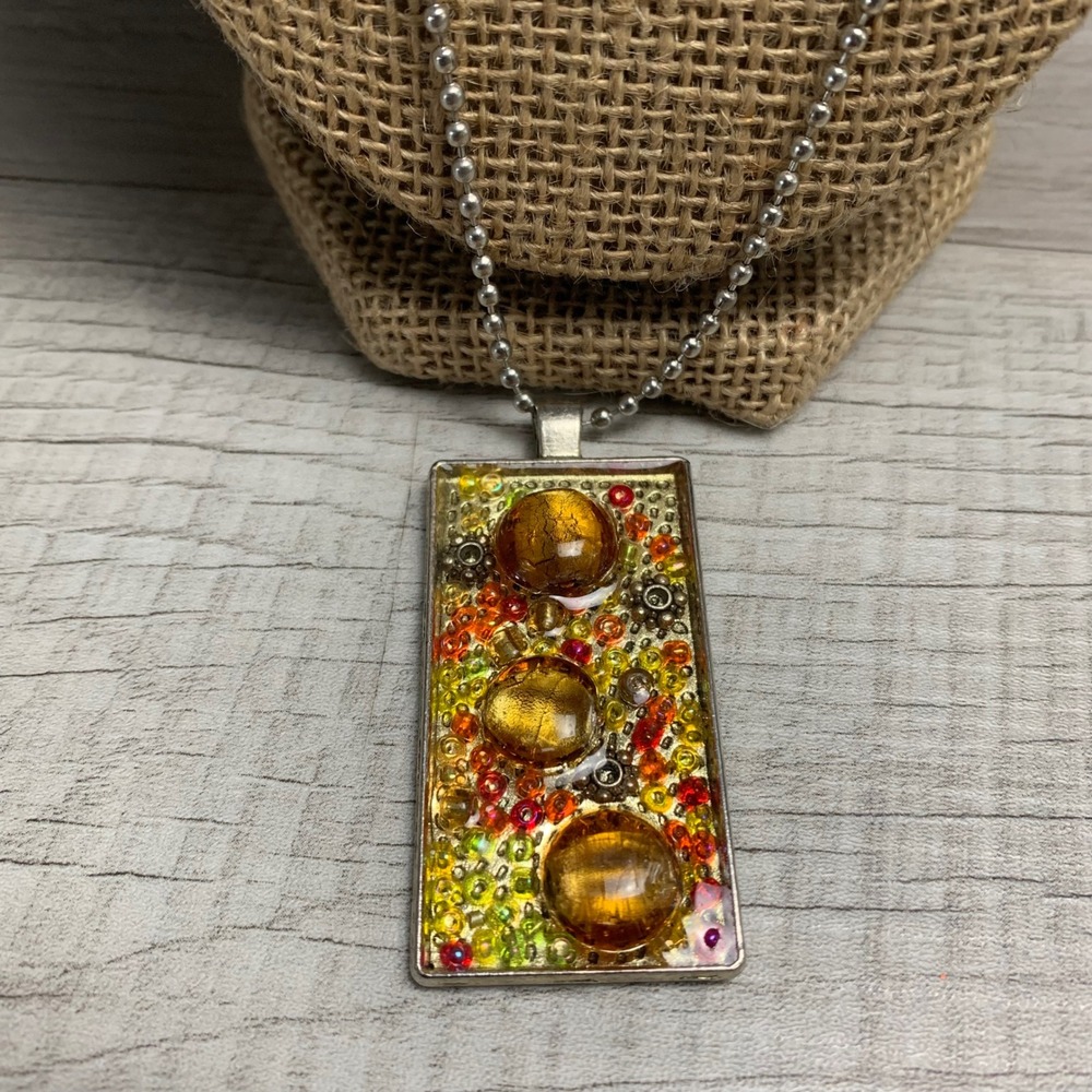 Handmade Mosaic Bead Glass Cabochon Rectangular Pendant Necklace 24" Chain 5604